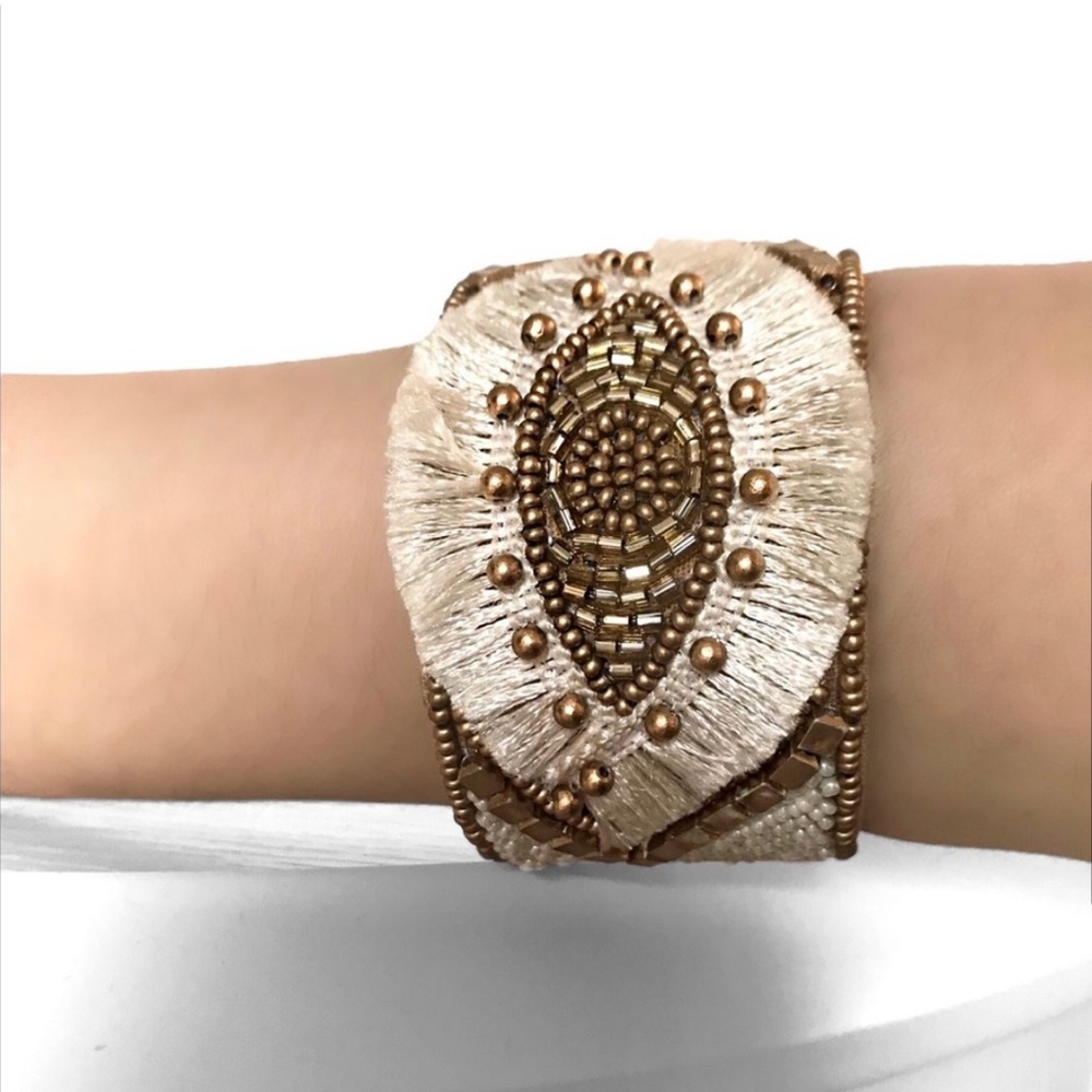 JWB7) New! Handmade Boho Beaded Tassel Natural Cuff Bracelet - Picture 6 of 7